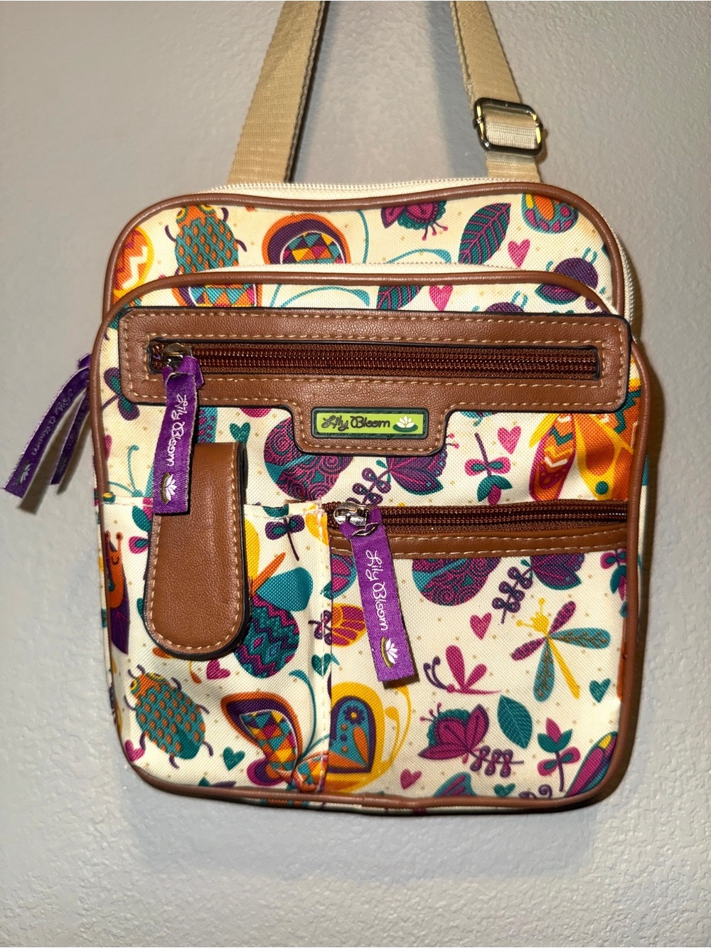 Lily Bloom Crossbody Floral Bird bugs butterflies colorful Pattern bag purse